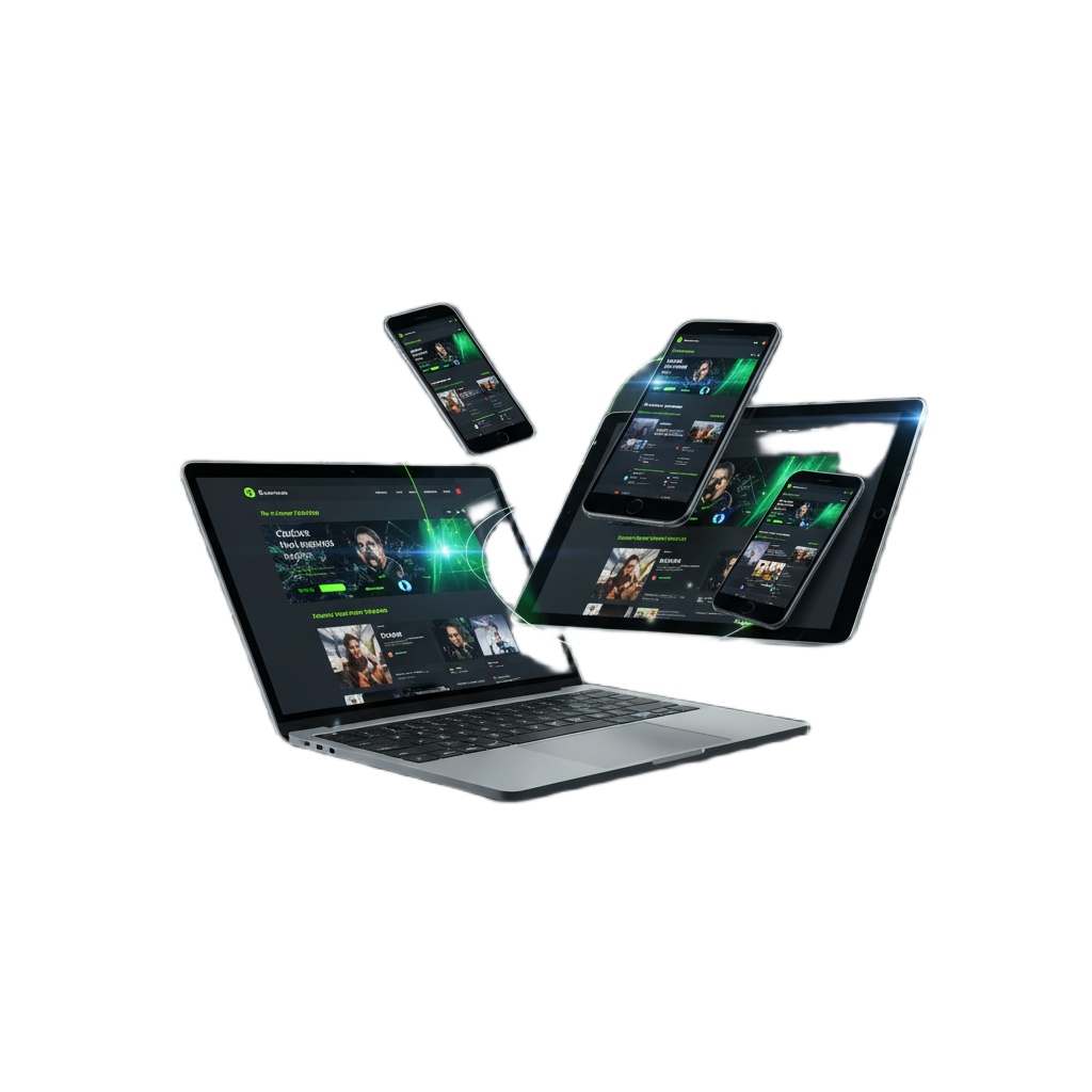 Acceso desde cualquier dispositivo: Laptop, Tablet y Smartphone flotando